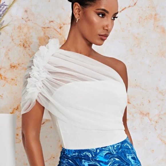 One Shoulder Ruched Mesh Top. NWOT. - Picture 1 of 8